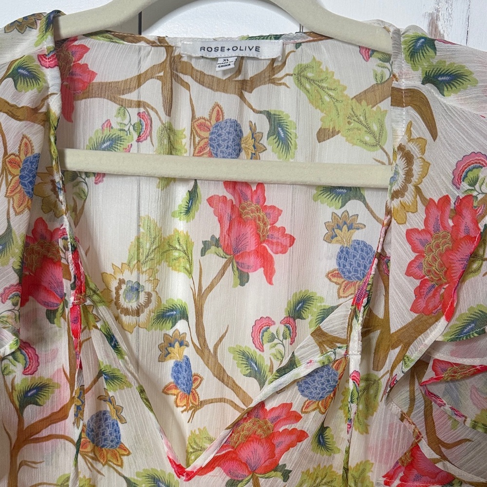 Rose & Olive Sheer Floral V Neck Ruffle Top White Pink Green - Picture 3 of 7
